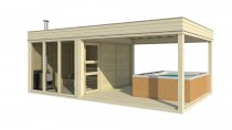 Vizualizace zahrandího domku se saunou, odpočívárnou a zastřešenou terasou pro vířivku